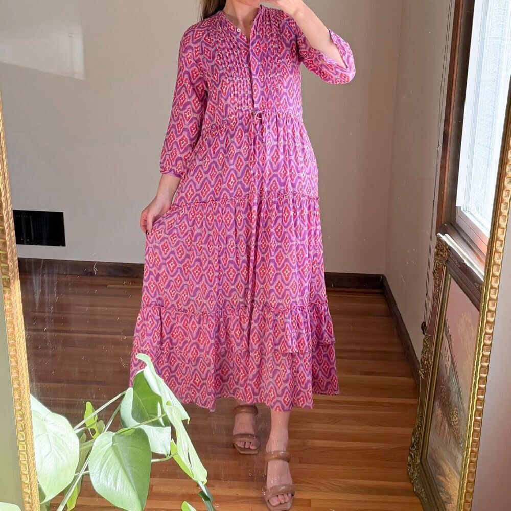 Banjanan Purple Geo Boho Print Tired Midi Dress Size XS
